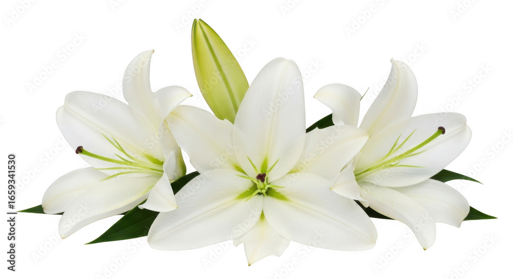 Fototapeta premium Three elegant white lily flowers with a bud isolated on transparent background