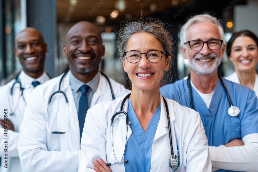 A diverse team of healthcare professionals smiles confidently in a modern medical facility, showcasing camaraderie and dedication to patient care in a vibrant setting.
