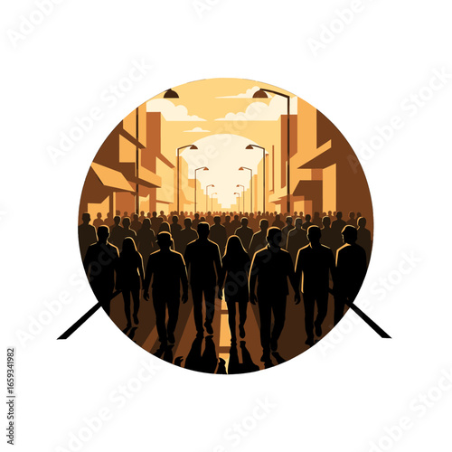 Silhouetted Crowd Walking Down Urban Street at Sunset in Sepia Tone Illustration Style