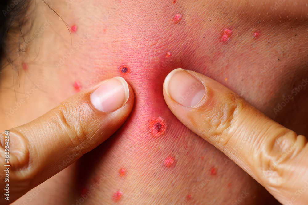 Naklejka premium Close up of a person s neck with acne and pimples