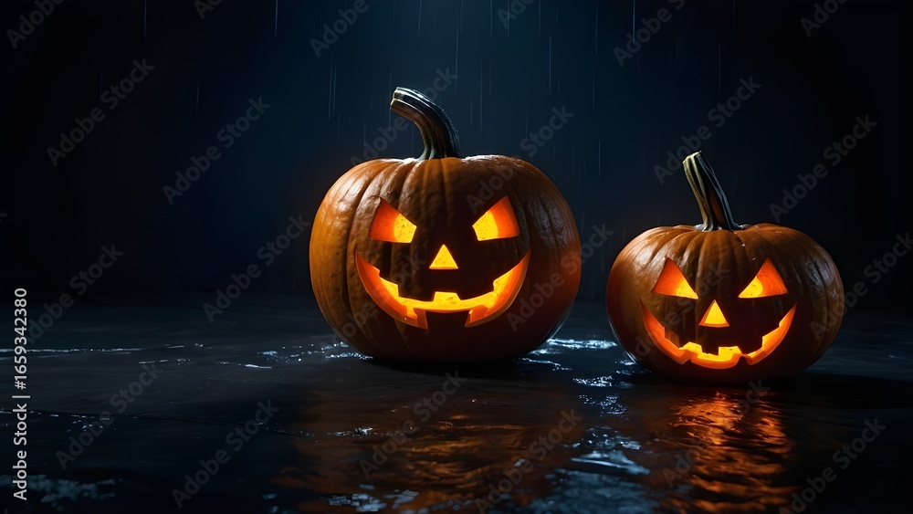 Fototapeta premium Glowing Jack O Lantern Halloween Background with Neon Light and Copy Space