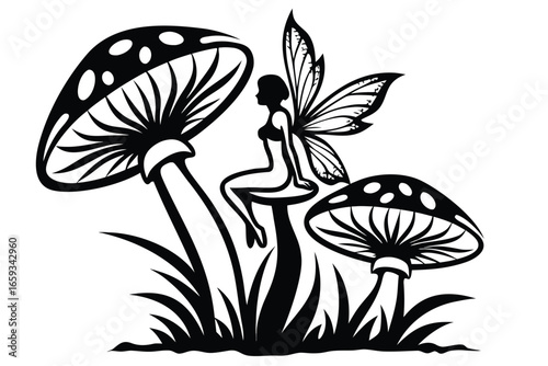 Fairy with Wings Sitting on Mushroom Silhouette against White Background