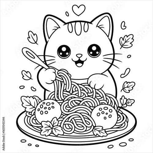 Cute Cat Eating Spaghetti Coloring Page Kawaii Kitten with Pasta and Meatballs Line Art