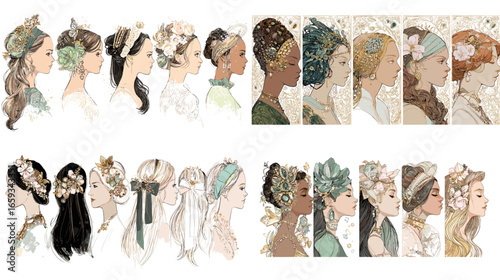 Elegant illustration of women in profile wearing floral crowns and decorative headpieces, celebrating feminine beauty and natural elegance.