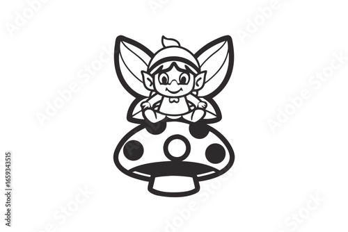 Cartoon Pixie Sitting on Spotted Mushroom Illustration, White Background