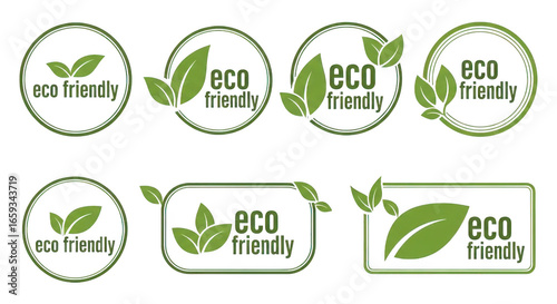 Collection of eco friendly green leaf badges and labels isolated on transparent background