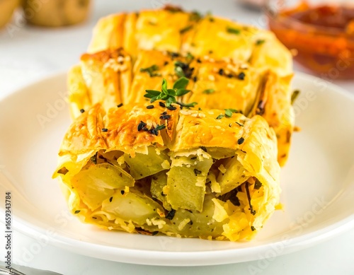 Golden pastry filled with potatoes and herbs