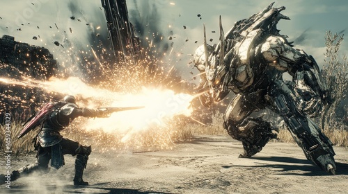 Epic confrontation: armored warrior engaged in battle with a colossal robotic entity