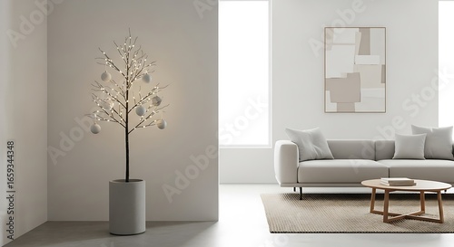 Minimalist christmas tree lights ornaments living room decor interior design modern aesthetic home style christmas day
