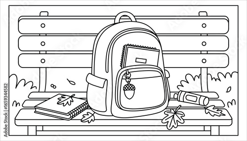 School Backpack with Books Coloring Page Vector Illustration