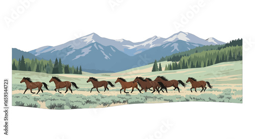 Herd of Brown Pixelated Horses Running Across Green Meadow with Mountain Background in a Pixel Art Style