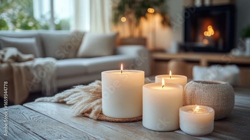 Tranquil aromatic candles with vibrant colors on a rustic wooden table during sunset in a hygge setting