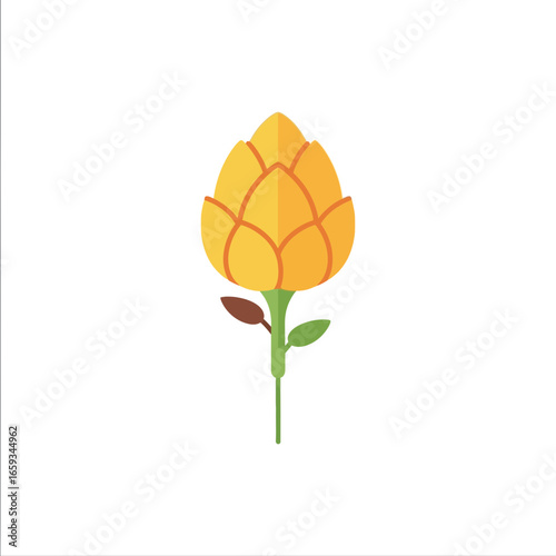 Simple yellow hop cone flower icon on a green stem, flat design vector illustration for brewing and beer concepts isolated on a white background.