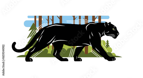 Black Panther Strolling Through Green Forest with Trees in a Minimalist Vector Illustration