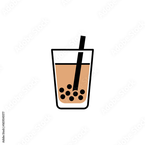 Minimalist vector illustration of a refreshing bubble tea drink with tapioca pearls and a straw, ideal for beverage-related designs and icons.