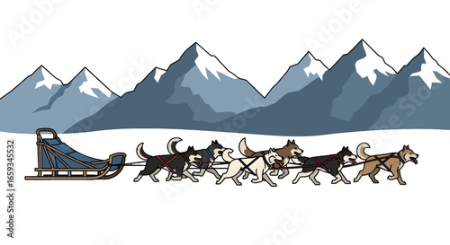 Pixel Art of Husky Team Sledding Across Snowy Plains Against a Mountain Range Backdrop in Winter