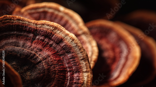 Macro close-up of reishi mushroom rings with side lighting, textured surface detail, medicinal fungus anatomy