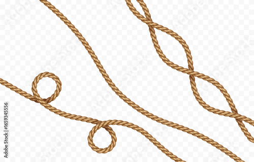 Rope set isolated on transparent background. Vector realistic texture jute, lace or cord elements. 3d fiber strings