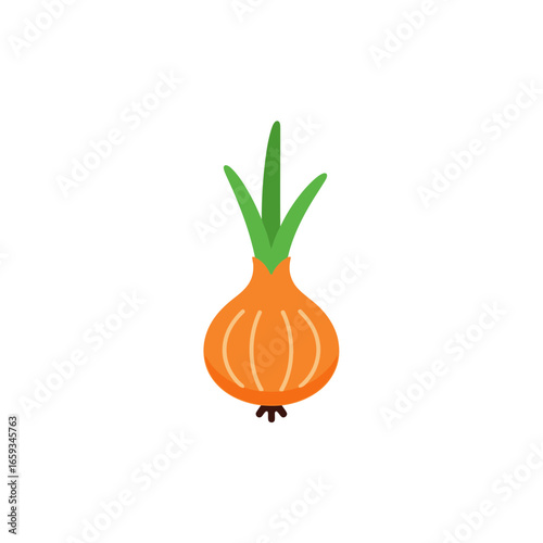 Fresh organic onion vegetable with green shoots, flat icon design. Healthy culinary ingredient for cooking, agriculture concept illustration.