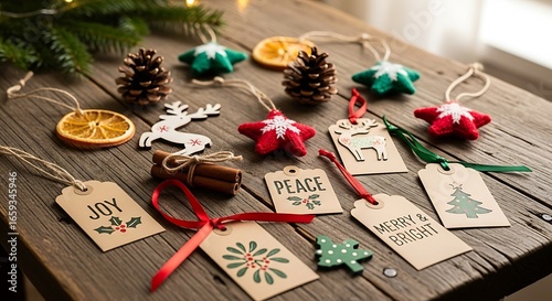 Christmas ornaments holiday decorations festive winter season rustic wood table top view craft display christmas day