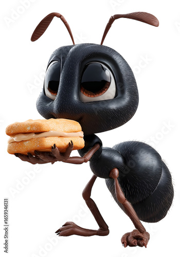 Black cartoon ant holding a sandwich isolated on transparent background