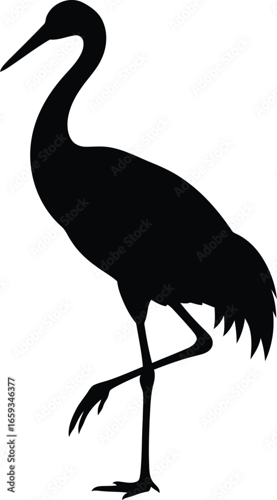 Fototapeta premium Silhouette of a tall crane bird standing on one leg, black against white background.