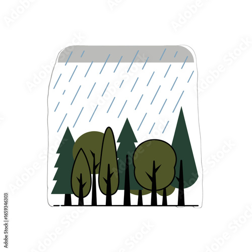 Illustration of Green Trees in a Forest During Rainfall with Light Gray Sky Depicting Overcast Weather Conditions