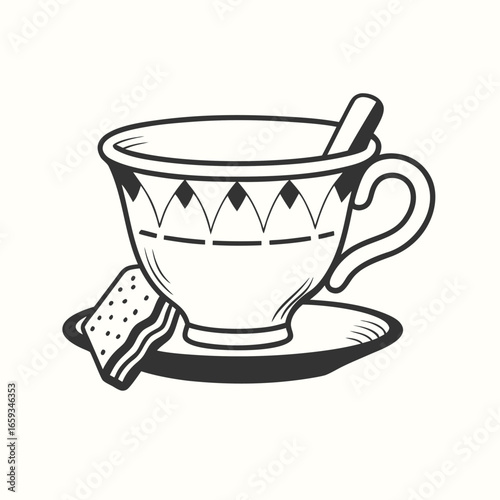 Cup and Spoon Design with Biscuit Monochrome on White Background Graphics