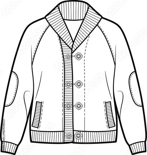Cardigan sweater, button closure, ribbed collar, fashion sketch, flat vector, apparel design, knitwear illustration, garment CAD, stylish clothing, pockets