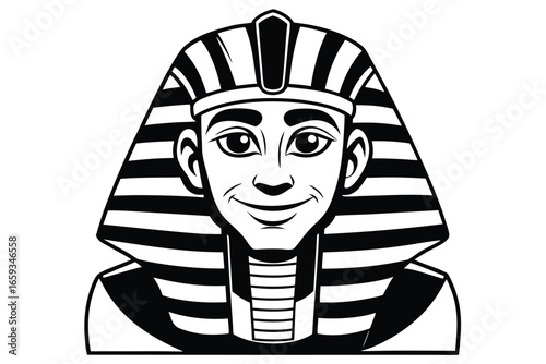 Egyptian Pharaoh Portrait Black and White Cartoon Style on White Background