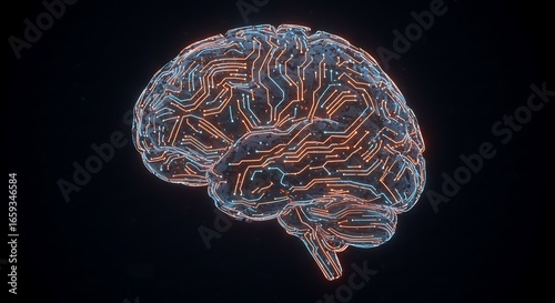 3D digital brain with glowing circuit connections. Futuristic artificial intelligence, neural networks, and advanced technology concept.