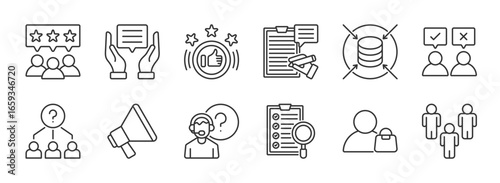 Survey line editable icon set collection. Containing opinions, review, satisfaction, feedback, exam, poll, questionnaire, and more. Editable stroke. Vector illustration eps 10