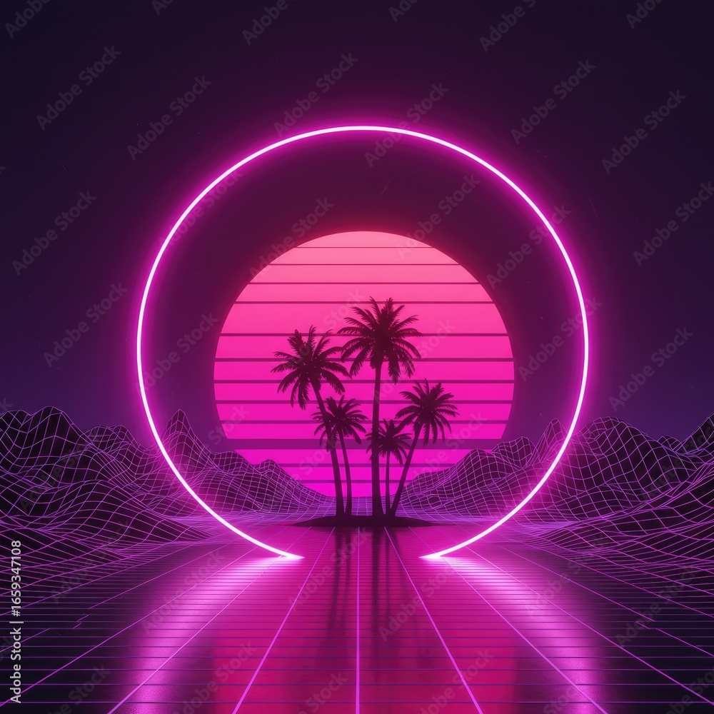 Fototapeta premium Neon ring framed retro sunset scene with palm trees, digital landscape