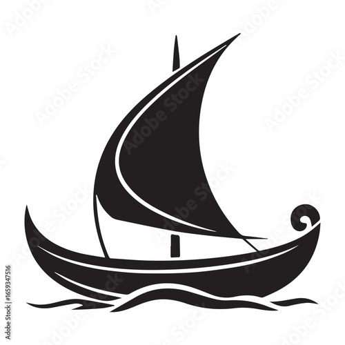 Stylized black silhouette of a viking ship sailing on waves