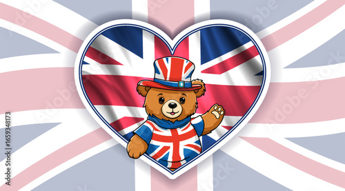 Vector sticker or icon, heart. I love United Kingdom. Cartoon teddy bear and wavy national flag of Great Britain. Toon cute animal toy. Welcome to England