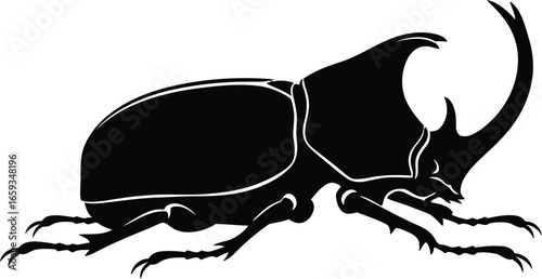 Silhouette of a rhinoceros beetle with a prominent horn, detailed vector illustration.