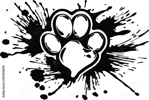Artistic Animal Paw Print with Ink Splatter Design on White Background