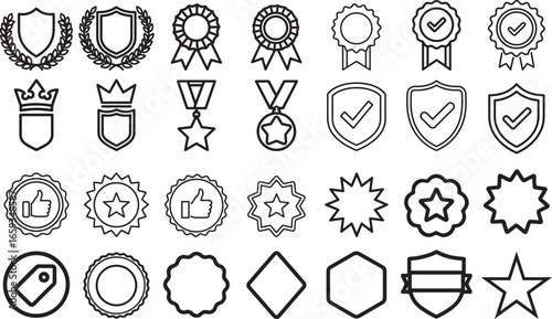A set of black and white vector badges, shields, and award icons for various achievements and quality guarantees.