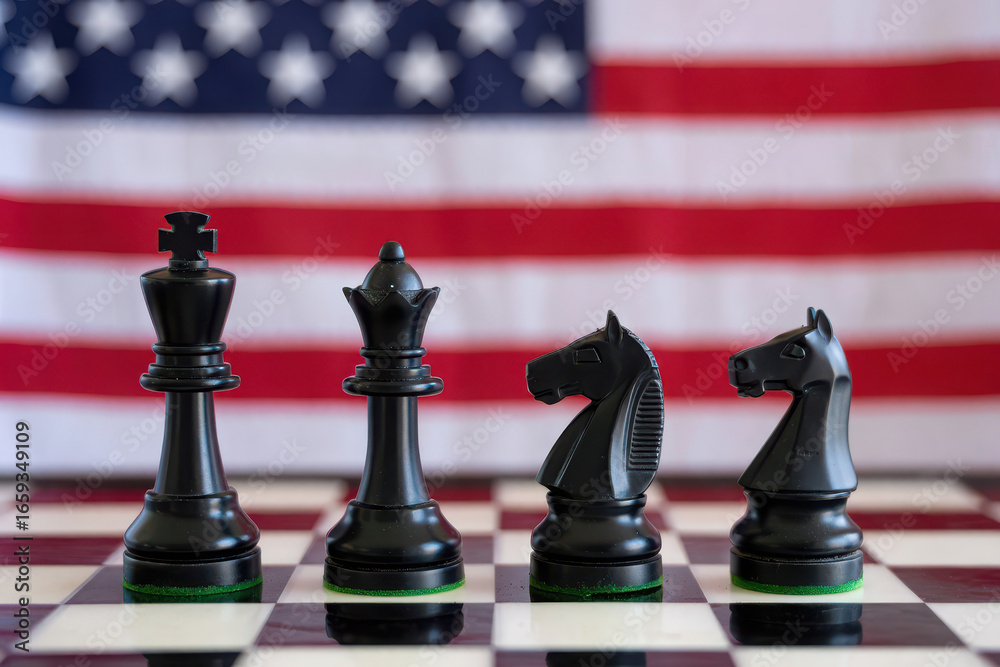 Naklejka premium Chess pieces on board with american flag background symbolizing strategy