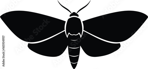 A simple black silhouette of a moth with its wings spread, depicted as a graphic icon.