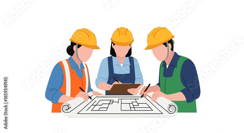 Construction Team Reviewing Blueprint with Yellow Hard Hats and Safety Vests Isolated on White Background