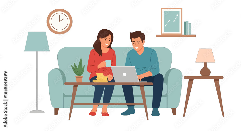 Fototapeta premium Couple Using Laptop and Drinking Hot Beverage While Sitting on Blue Sofa in Brightly Lit Living Room with Minimalist Decor