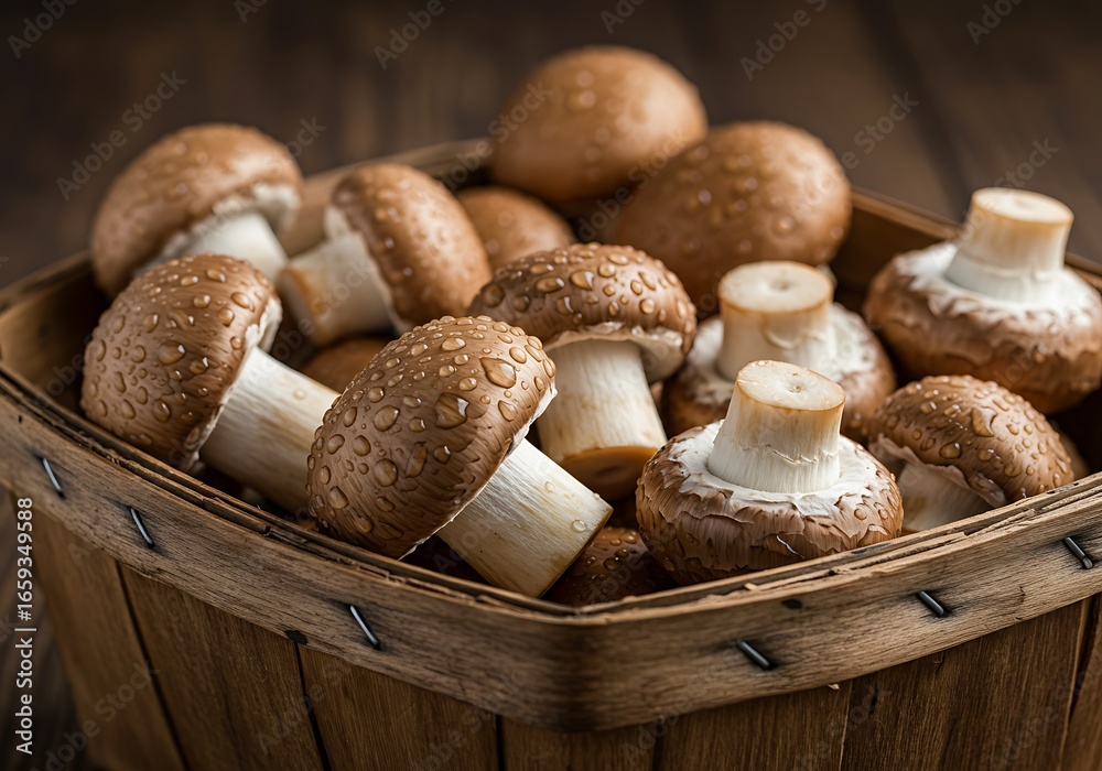 Fresh mushrooms in a wooden basket, close-up view with natural texture and water droplets, ideal for culinary, organic food, and healthy lifestyle concepts. Fresh mushrooms in a wooden basket, close-up view with natural texture and water droplets, ideal for culinary, organic food, and healthy lifestyle concepts.