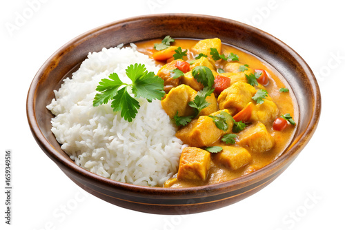 Tasty coconut curry with rice isolated on transparent background