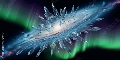 Crystal galaxy with aurora borealis glowing in outer deep space 