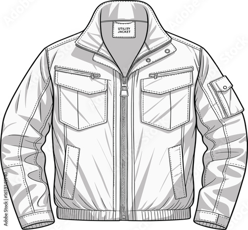 Stylish utility jacket, detailed vector illustration, fashion design, outerwear, trendy jacket, practical pockets, zipper closure, sleeve pocket, modern apparel, versatile jacket,