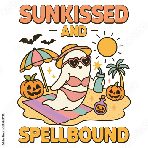 sunkissed and spellbound - Haunted Tropical T-shirt Vector, Retro Gothic Halloween ClipArt, Summerween Sublimation, Ghost Halloween Beach Shirt, Spooky Halloween Summer Quote Shirt
