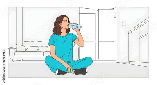Woman in Blue Sportswear Drinks Bottled Water While Resting on Floor in Bright Interior