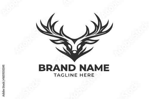 Deer Head Silhouette Art with Elegant Antlers on White Background Design