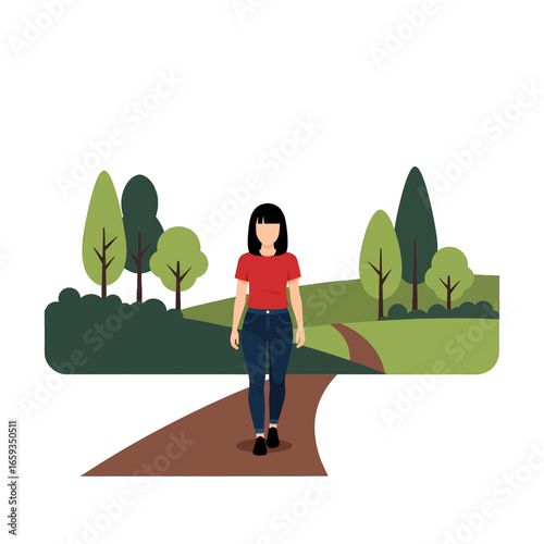Young Woman in Red Shirt Walking on a Park Path Surrounded by Green Trees in Daytime Flat Vector Design